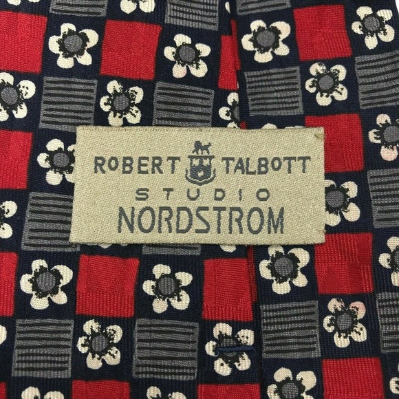Robert Talbott Studio Nordstrom Silk Hand-sewn Red Navy Beige Floral Necktie 57" - Picture 3 of 10